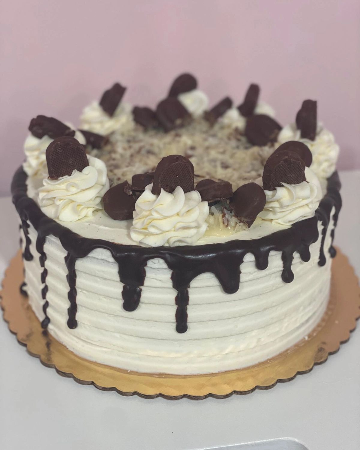 Almond Enjoy cake with ganache and coconut by Becca Bakes